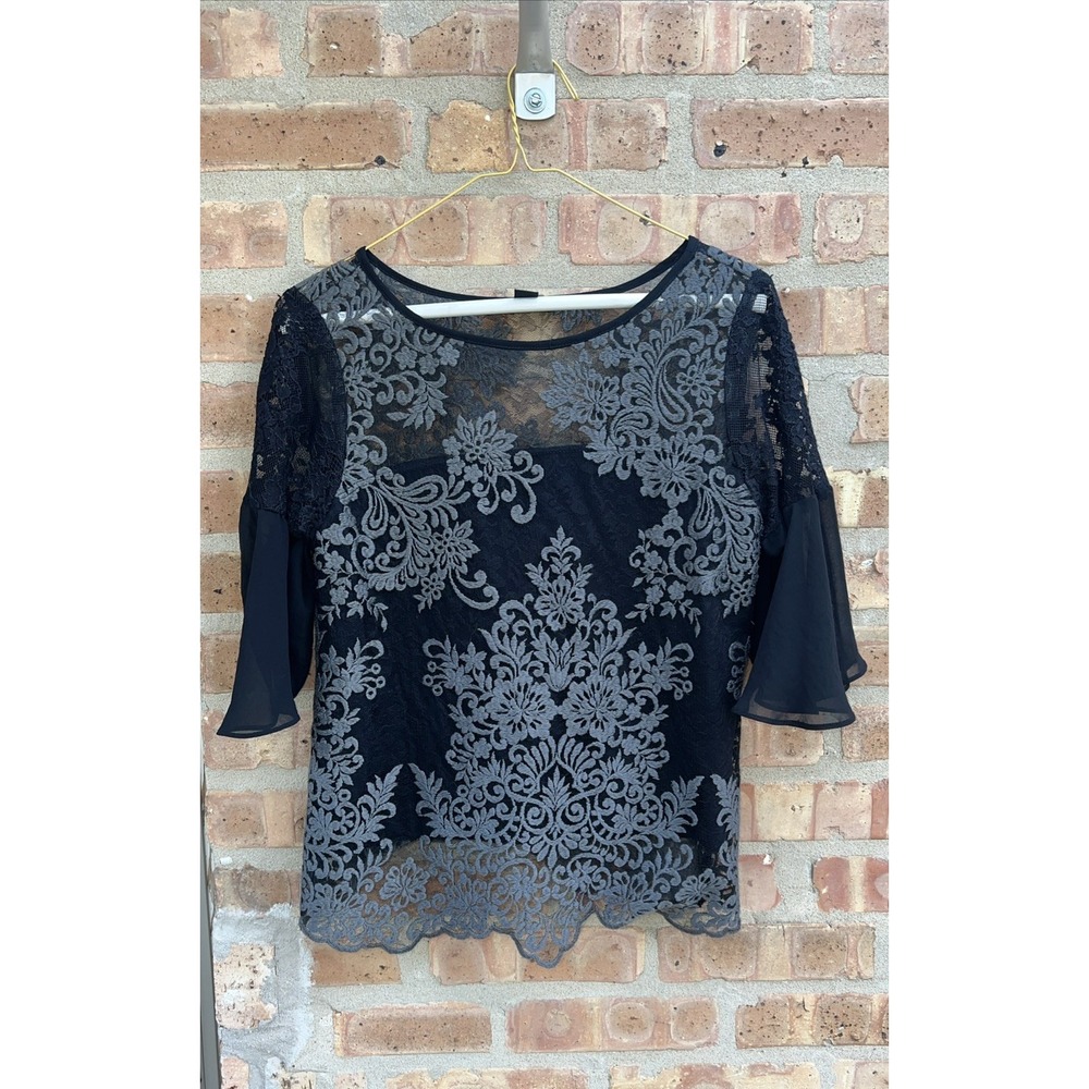 Karen Kane XS Black Gray Embroidered Sheer Bell Sleeve Lace Witchy Whimsigoth